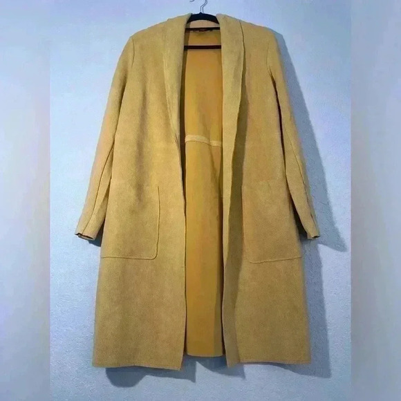 Joan Vass Golden Yellow Lightweight Faux Leather Long Open Concept Coat Sz Small - Picture 2 of 7